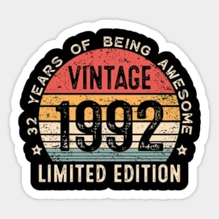 32nd Birthday 32 Years Old Man Woman Vintage 1992 Sticker